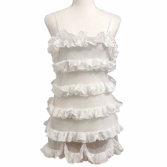 𝅺FLORA NIKROOZ WHITE LAYERED RUFFLE SATIN-LIKE AND MESH STRIPES BABYDOLL - Picture 1 of 5